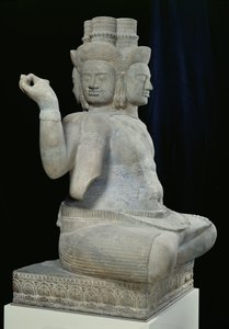 Escultura de Brahma com quatro faces, de Batambang, Camboja, estilo Koh Ker, meados do século X (arenito)